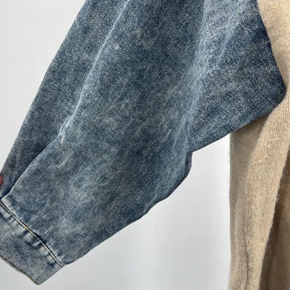 Entro Tan V-Neck denim sleeve contrast distressed sweater casual mixed material - Picture 6 of 13